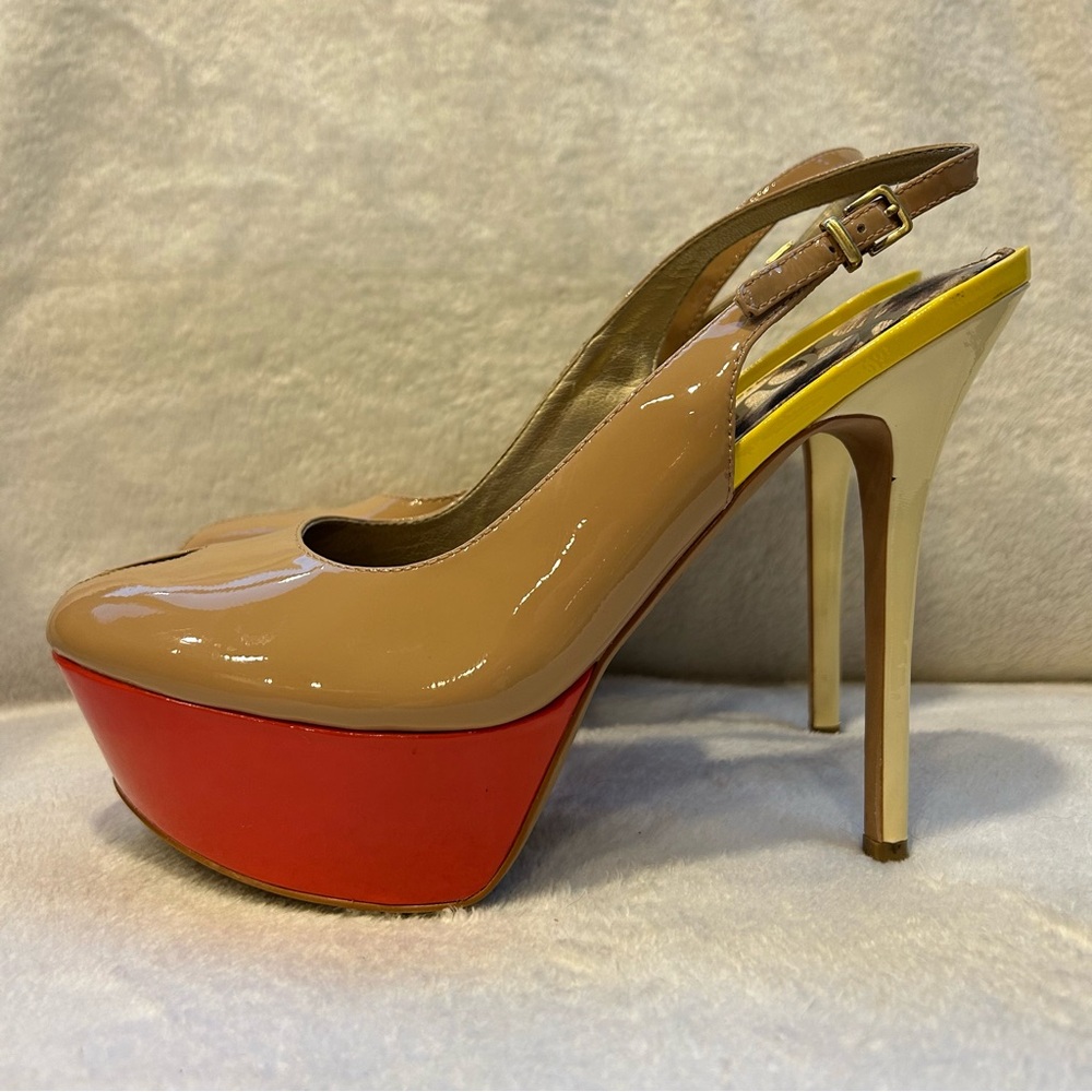 Sam Edelman Beige Patent Slingback Pumps with Orange Platform, Yellow Trim Sz 8M